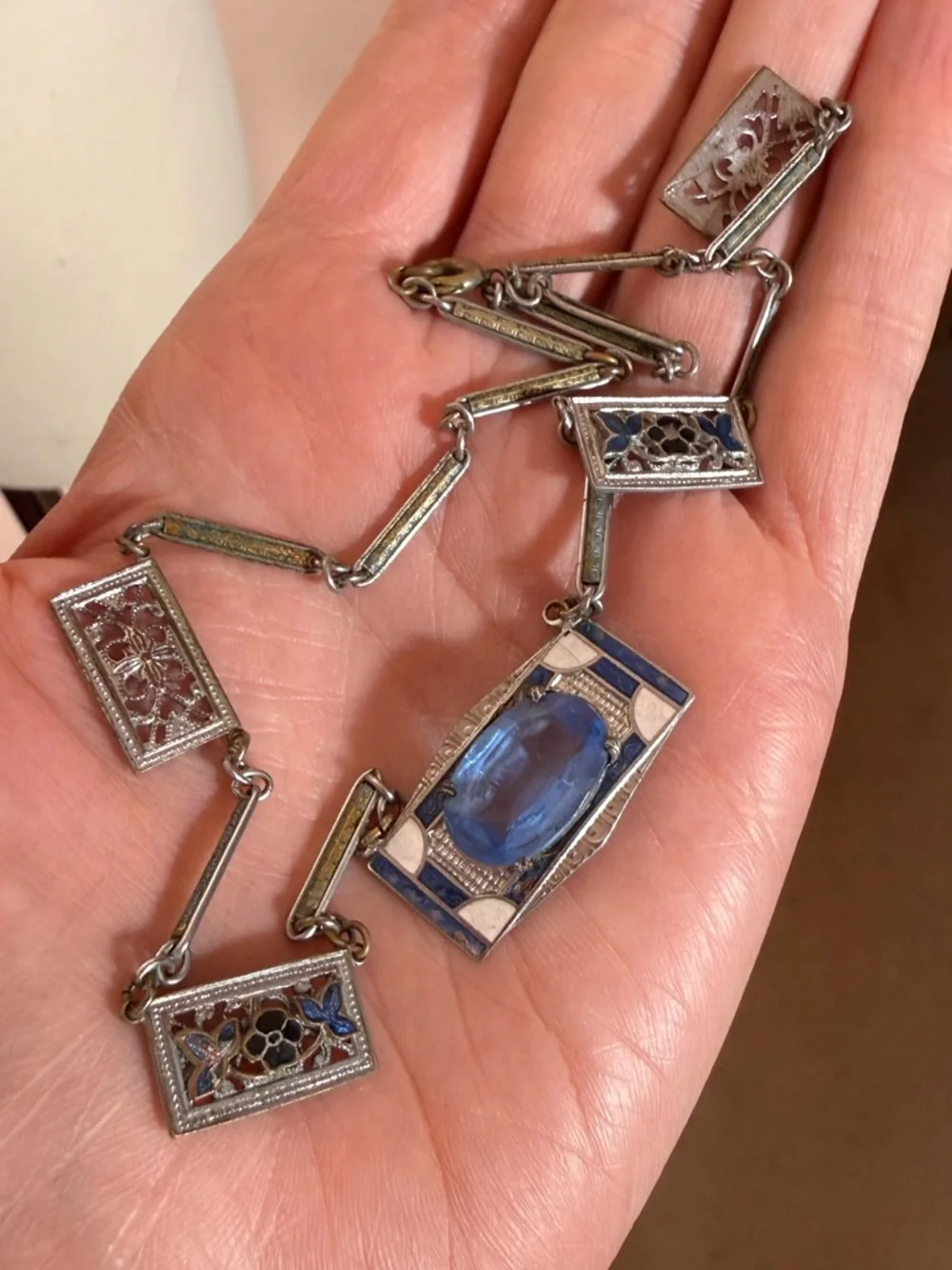 Antique Art Deco 1920 Blue Checho Glass Guilloche enamel choker Necklace - Picture 3 of 17